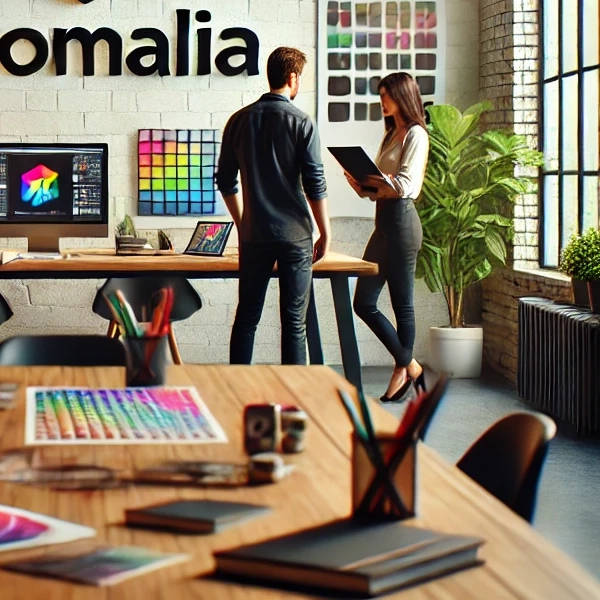 DALL·E 2025-03-22 23.23.04 - A hyper-realistic image of a branding agency scene showing a creative professional attending to a client. The logo of Kromalia (a colorful polygonalB